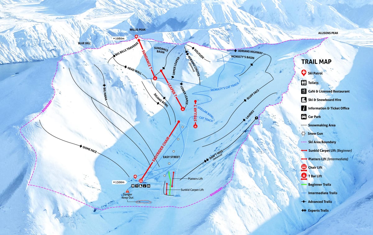 selandia baru ski resort di peta